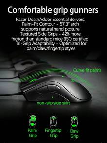 RAZER Mouse gaming DeathAdder Essential dengan mesin optik, 10.000 klik, sakelar mikro mekanis, warna kontras klasik, dan kabel paracord ultra-lembut. Periferal gaming resmi. - Hitam - View 5