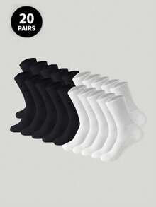 6双/10双/20双装黑白加厚男士冬季运动袜，时尚休闲户外运动袜，压缩膝袜，商务休闲度假中筒袜，秋季款