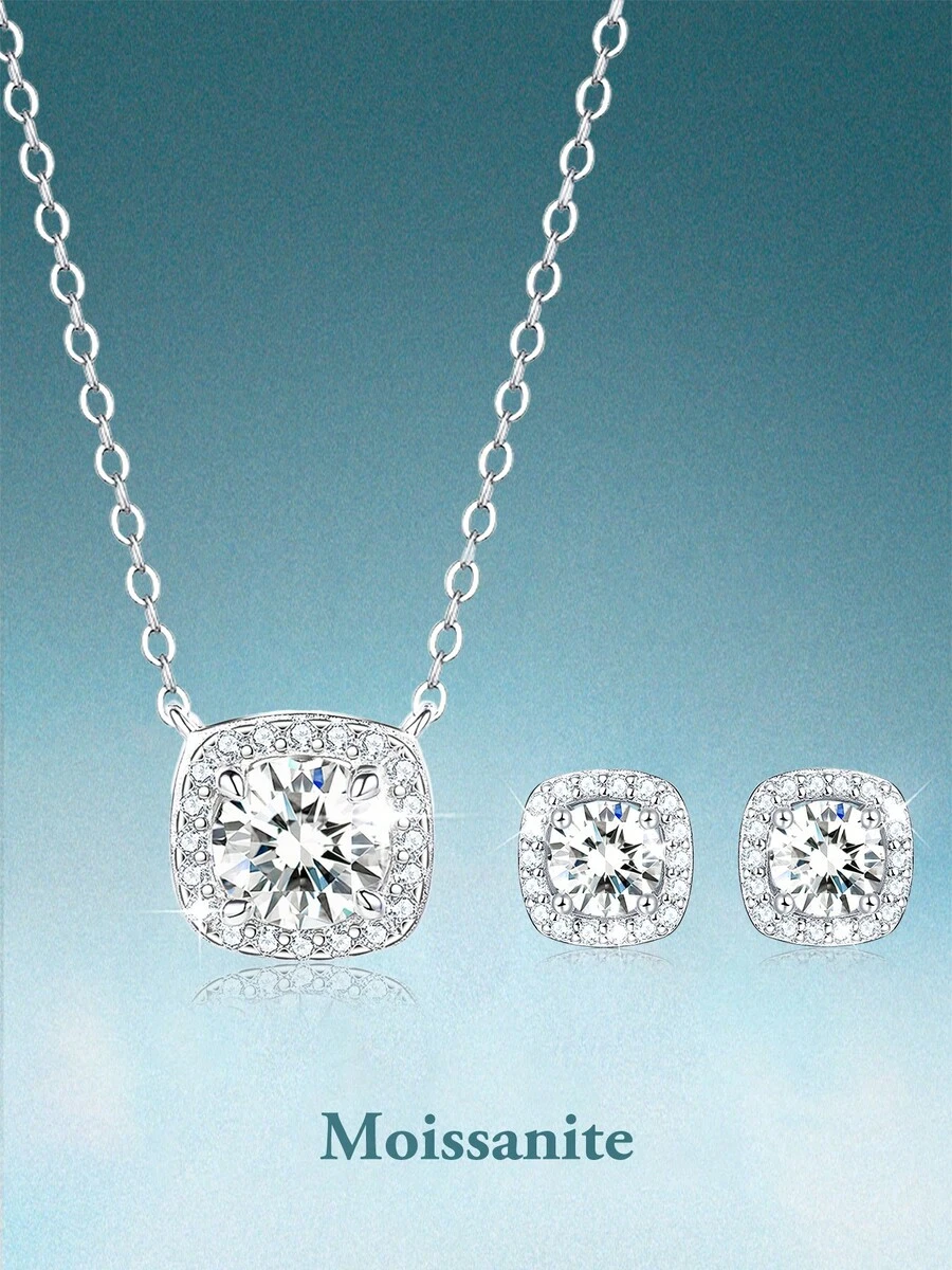 rainonme 3 Pcs Set Classic 2 Carat Moissanite Necklace And Earrings For Women Sterling Sliver Fashionable Luxury Wedding Jewelry Set, High-Quality Women's Necklace Jewelry, Women's Earrings Low Allergy, Ideal Choice For Daily Wear And Vacation, Exquisite Birthday Gift, Engagement Wedding Anniversary Birthday Christmas Gifts Special Occasions Day Gift, Sparkling Gorgeous Jewelry, Graduation Seasons Gifts, 2025 Summer Beach Vacation Style Jewelry - Sugar Cube - View 1
