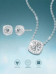 rainonme 3 Pcs Set Classic 2 Carat Moissanite Necklace And Earrings For Women Sterling Sliver Fashionable Luxury Wedding Jewelry Set, High-Quality Women's Necklace Jewelry, Women's Earrings Low Allergy, Ideal Choice For Daily Wear And Vacation, Exquisite Birthday Gift, Engagement Wedding Anniversary Birthday Christmas Gifts Special Occasions Day Gift, Sparkling Gorgeous Jewelry, Graduation Seasons Gifts, 2025 Summer Beach Vacation Style Jewelry - Sugar Cube - View 5