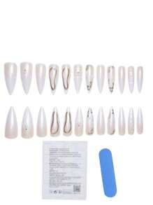 24 件长杏仁形粘合指甲贴 3D 珍珠、贝壳和金色波浪装饰，包括 1 件凝胶抛光剂和 1 个指甲锉，适合女性日常、约会、派对