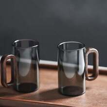 6件套360毫升套装，新颖设计，带木柄，黑色玻璃杯，高硼硅耐热玻璃杯，带手柄，适用于家庭、办公室、客人，大容量茶/水杯 - 黑的 - 查看 3