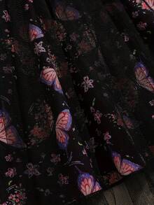 1pc Elegant Round Neck Long Sleeve Butterfly Print Flare Dress, Knee-Length, Mesh Detail, Suitable For Children, Spring/Autumn - Black - View 4
