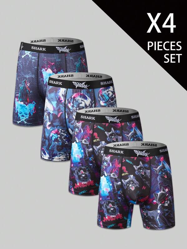 4Pcs Men's Cool Fashion Cartoon Skull Sports Panties Boxer Briefs ,Men Underwear,Summer Pijama, Comfortable And Soft Lining,Suitable Daily Wear And Sleeping