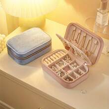 1pc 3 Layers Jewelry Organizer, Velvet Zipper Jewelry Box, Multi-Functional Jewelry Storage Box, Travel Portable Jewelry Organizer For Earrings, Necklaces, Rings, Watches, Hair Accessories, Valentine's Day Gifts, Mother Day Gift For Mom