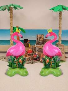 kumozawa 1pc 155.45cm Large Flamingo Aluminum Foil Balloon With Tropical Jungle Base - Vibrant Pink Flamingo & Green Foliage Design, Ideal For Hawaiian Luau, Birthday Parties, And Summer Celebrations, Flamingo Decor