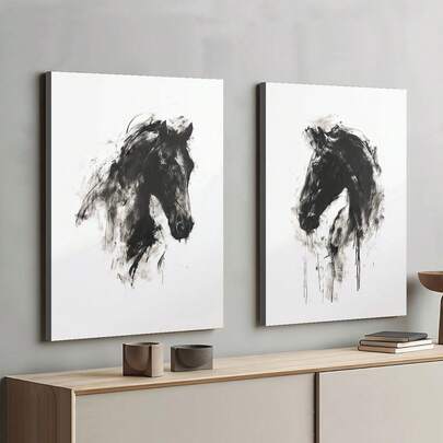2pcs Wooden Framed Minimalist Horse Pair Print, Abstract Equestrian Decor Painting, Waterproof Canvas Wall Art For Home, Bedroom, Dormitory, Gift, And Restaurant Decoration, Artistic Home Decor | Charcoal Sketch Art | Ink Technique, Horse Decor