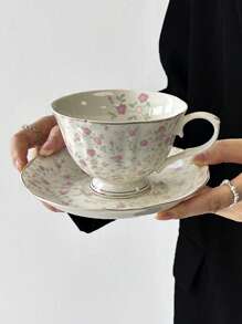 1 set de taza de café y platito de cerámica con pintura dorada retro, con patrón floral rosado pintado a mano, elegante juego de té de la tarde/café, taza de alta calidad para la oficina, regalo para vacaciones o vuelta al colegio