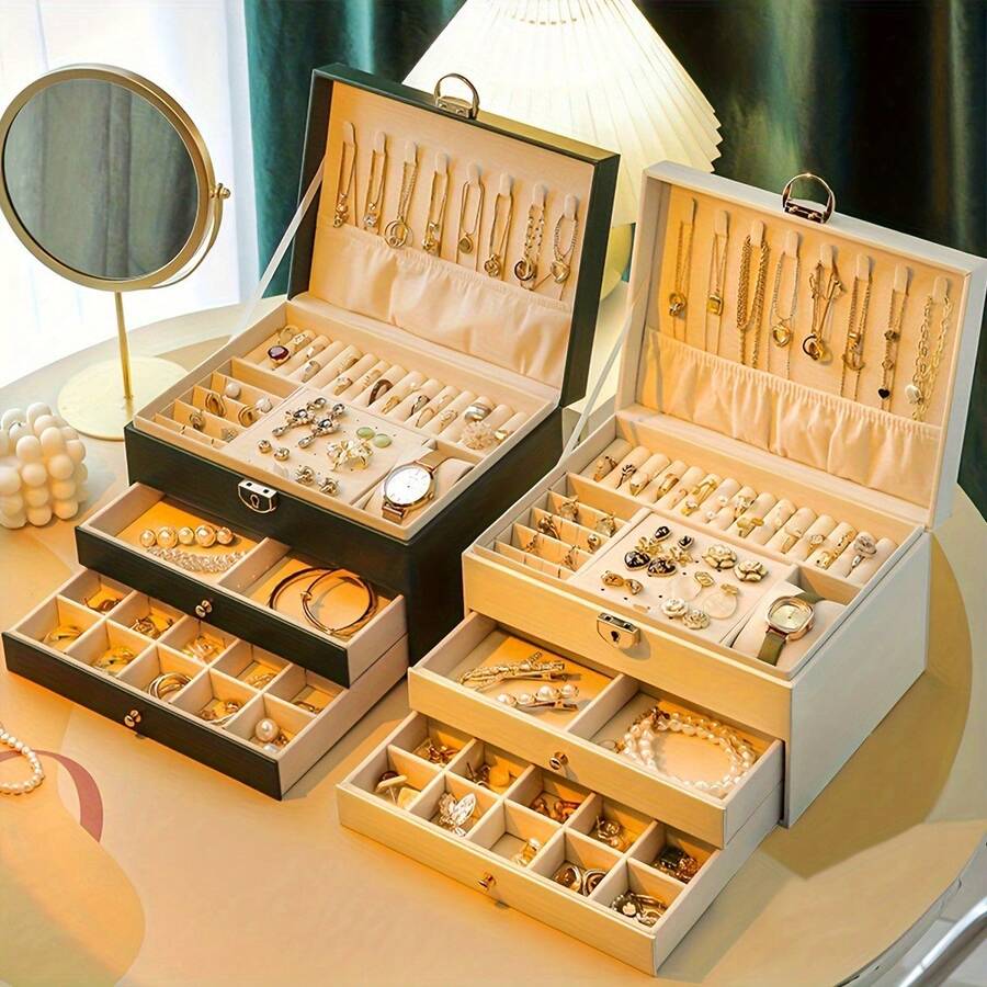High-End Jewelry Storage Box - Large Capacity Organizer For Necklaces, Earrings, Bracelets, And Rings, Perfect Gift For Mother's Day, Father's Day, Or Teacher's Day, Exquisite Gold Jewelry Box - 粉色 - 查看 1