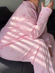 Jeta Ari New Red & White Striped Printed Shirt & Pants Home & Casual 2pcs Outfit - Pink - View 9