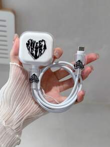 3 件套数据线充电器保护壳，TPU 软壳，英国插头 Apple 20W 快速充电器，彩色心形和字母图案，适合返校，兼容英国插头 Apple 20W 快速充电器数据线保护器充电器配件手机配件