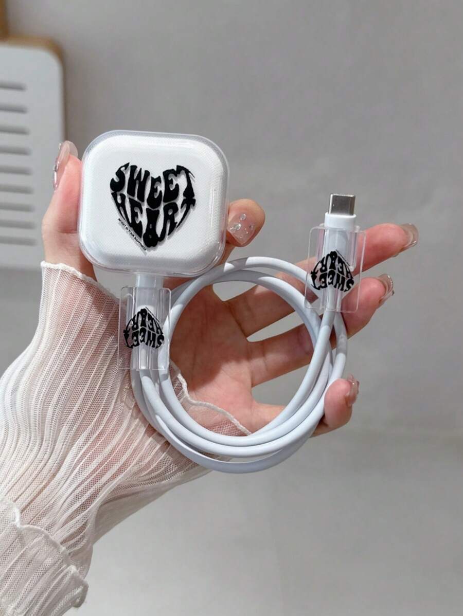 3 件套数据线充电器保护壳，TPU 软壳，英国插头 Apple 20W 快速充电器，彩色心形和字母图案，适合返校，兼容英国插头 Apple 20W 快速充电器数据线保护器充电器配件手机配件