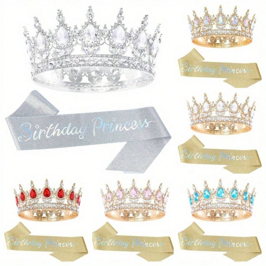 Perlengkapan Pesta Ulang Tahun Bling Rhinestones Mahkota Tiara Emas Selempang Putri Ulang Tahun untuk Wanita Aksesori Rambut Selamat Ulang Tahun Hadiah Prom Dekorasi - MultiWarna - View 1