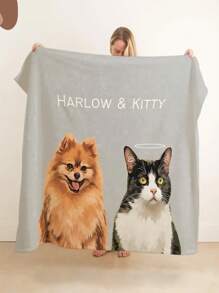 1pc Customized Pet Photo Blanket, Can Customize Pet Portrait And Name, Exclusive Gift For Cat Owners, 280GSM Super Soft Custom Heat-Pressed Blanket, Soft And Non-Shedding