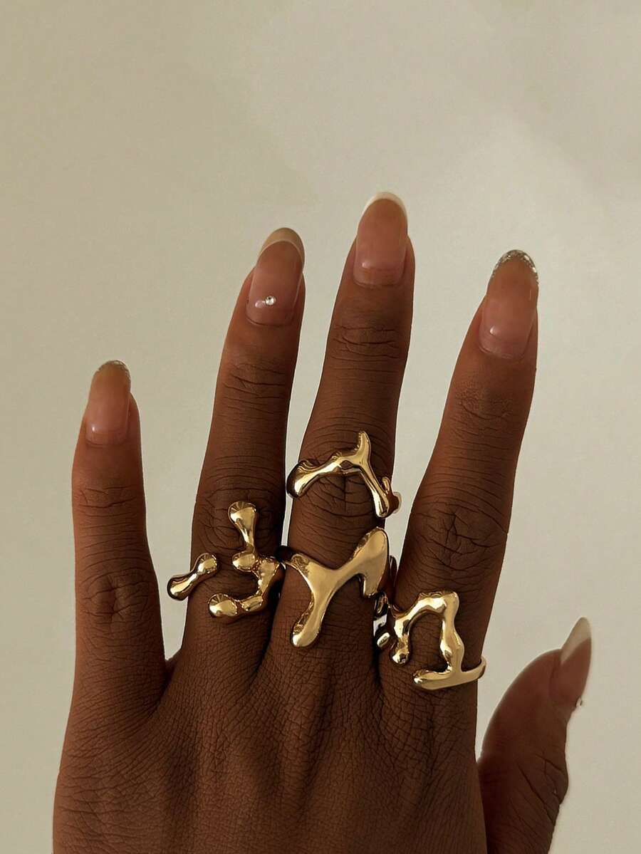 4 piezas Set de anillos apilables con diseño geométrico de gota de agua para mujer, para uso diario, citas, fiestas, festivales, accesorios, regalos - Amarillo Oro - Ver 1