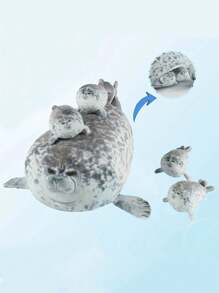 40厘米/15.74英寸 海豹抱枕毛绒玩具 妈妈和四个孩子 海豹毛绒动物毛绒玩具 3D新奇海狮公仔毛绒玩具枕头 送给孩子的女孩装饰创意礼物 送给孩子的生日派对 家庭女孩房间装饰游戏收藏品 - 灰色 - 查看 2