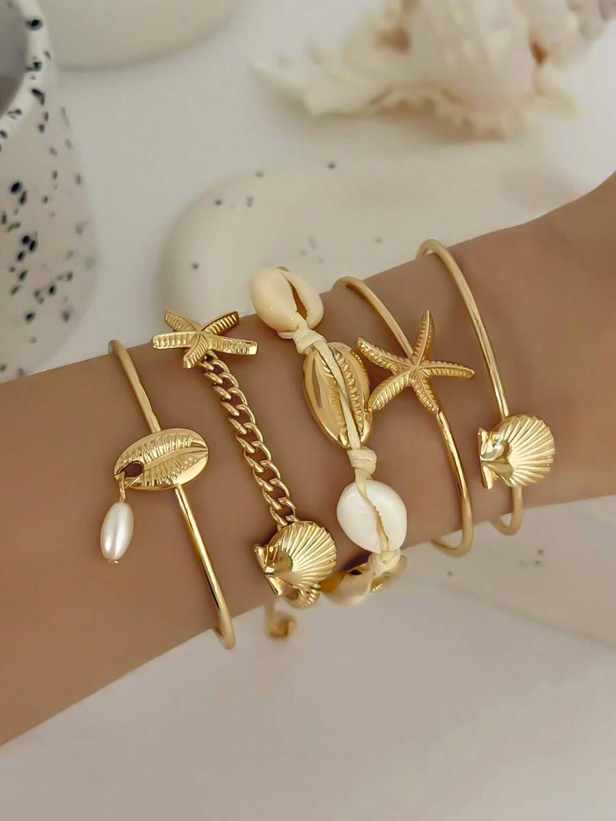 5pcs/Set Bohemian Starfish & Shell Bracelet & Bangle Set, Women Beach Jewelry - Yellow Gold - View 1