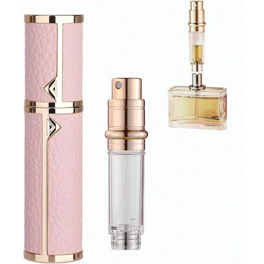 5ml Golden Refillable Perfume Atomizer - Portable Travel Spray Bottle With Leather Case, Mini Cologne Dispenser For Women & Men, Leakproof Essential Oil Bottle For Purse, Gym Bag & Travel - Hồng - Xem 1