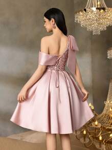 Alisa&Leo Teen Girls' Satin One-Shoulder Graduation Dress With With Sequin Bodice & Bow Detail - A-Line Skirt For School Formal Events, Proms & Summer Galas