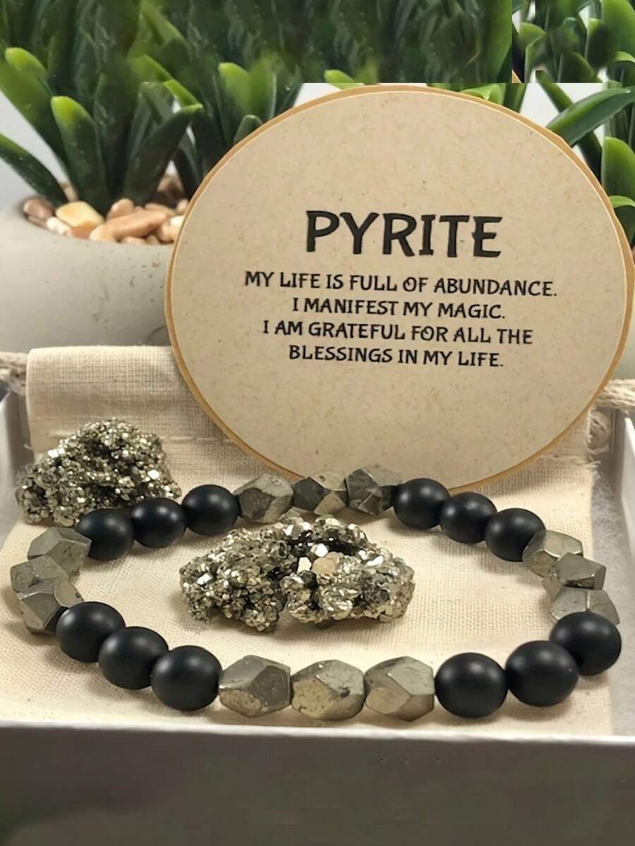 1 件丰裕手链、财富手链、原装黄铁矿和玛瑙手工串珠 8 毫米圆形天然石护身手链，带来繁荣与守护，适合男士女士时尚复古珠宝配饰，是送给爱人的华丽水晶节日礼物 - 1pcs - 查看 1