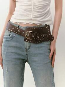 1pc Y2K American Girl Style Rivet Small Curved Waist Belt, New Arched Waistband Versatile Asymmetrical Waist Belt Fall, Autumn, Halloween - Brown Silver Buckle - View 4