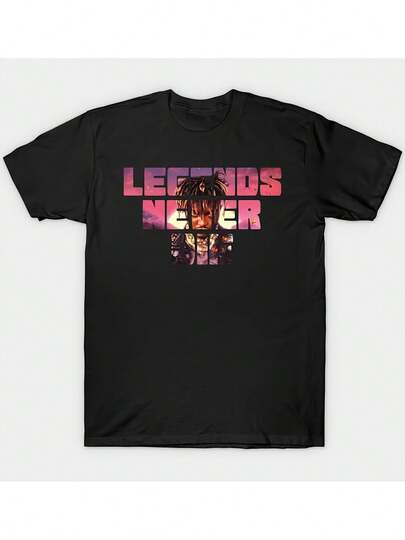 Camiseta Gráfica de Rapper Juice Wrlds para Hombres - Algodón Pesado 220g, Estilo Retro Streetwear con Estampado "Las Leyendas Nunca Mueren", Camisa Casual Negra de Manga Corta y Cuello Redondo para Todas las Estaciones