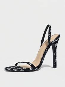 女士圆头纯色印花绑带踝带细高跟凉鞋，优雅时尚派对黑色高跟鞋，适合所有季节 - 黑色 - 查看 7