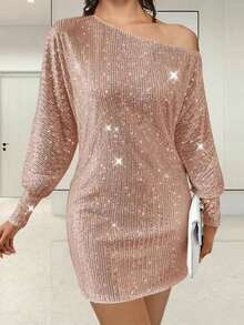 Women's Off One Shoulder Sequined Dress Slim Fit Stylish Sparkly Long Sleeve Mini Bodycon Dress - 粉色 - 查看 1