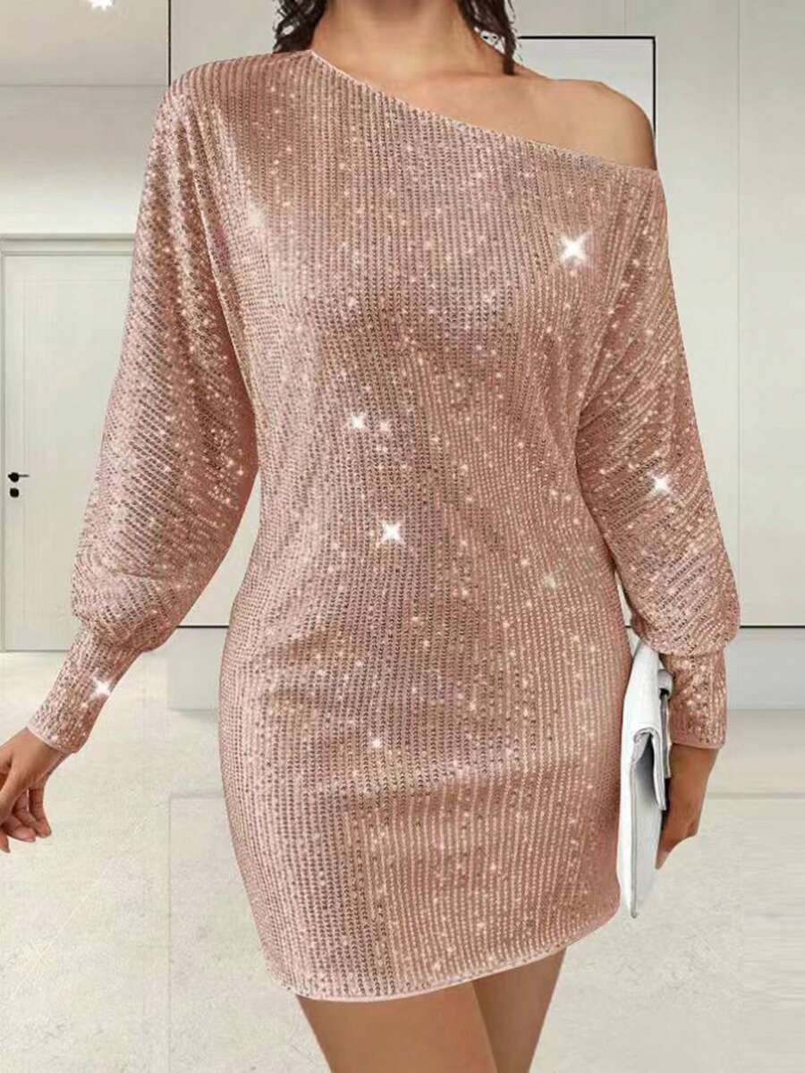 Women's Off One Shoulder Sequined Dress Slim Fit Stylish Sparkly Long Sleeve Mini Bodycon Dress - 粉色 - 查看 1