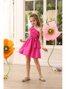 Danna Belle Girls Dress Tween One Shoulder Ruffle Tiered Layer Summer Party Dress Clothes Gifts Size 5-14 - 玫紅色 - 查看 2