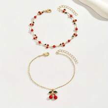 2 pezzi Cavigliera donna con pendente a forma di ciliegia, semplice e alla moda, adatta per uso casual, viaggio, spiaggia, uso quotidiano, elegante e luminosa collana gioiello.
