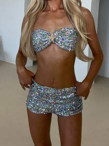 Women Sequin 2 Piece Rave Outfits Sparkly Bandeau Top And Shorts Set Party Clubwear - 彩色 - 查看 1