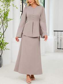 Women Elegant Asymmetric Ruffled Top And A-Line Skirt Suit