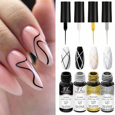 FOUR LILY 4Pcs Golden Silvery Metallic Gel Black White Liner Polish Ultra-Fine Brush Head French Line Graffiti Painting Metallic Mirror Effect Gel Varnish