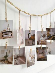 1set Wooden Bead Photo Clip Storage, Photo Display With Wooden Bead String,Hanging Photo Frame Photo Storage Hemp Rope Bead String With Clip, For Home Room Living Room Office Decor, For Christmas Valentine's Day,Storage Decoration Farmhouse Rustic Decoration Hanging Beads Home Decoration