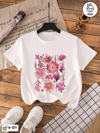 Zoete en modieuze casual top met bloemenpatroon, ronde hals en korte mouwen voor meisjes, geschikt voor lente, herfst en zomer. Geschikt voor dagelijks gebruik, als huiskleding en als cadeau voor kinderen.