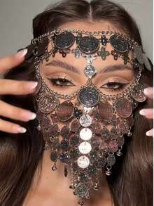 1pc Elegant Vintage Gold Mask Veil, Fashionable Hollow Coin Alloy Face Veil With Tassel, Versatile For Masquerade Party, Street Style, Nightclub, Festival Celebration, Shiny & Sexy, Valentine's Day Costume - Square Mask - View 10