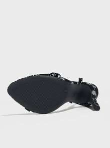 女士圆头纯色印花绑带踝带细高跟凉鞋，优雅时尚派对黑色高跟鞋，适合所有季节 - 黑色 - 查看 8