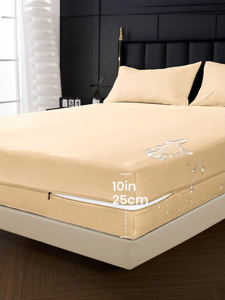 1pc 100% Waterproof 6-Sided Zippered Mattress Protector, Fits9-12 Inches Deep Mattress, Twin, Full, King, Queen Size, Deep Mattress, Breathable & Noiseless, Dustproof Non-Slip, Bedspread, Fitted Sheet, Washable Mattress Encasement, Low Allergenicity, High Quality Zippered Mattress Cover, Ideal Home Gift, Perfect Holiday Gift,Fall Decor,Autumn Decor,Room Decor - 米色(床單高25cm) - 查看 1