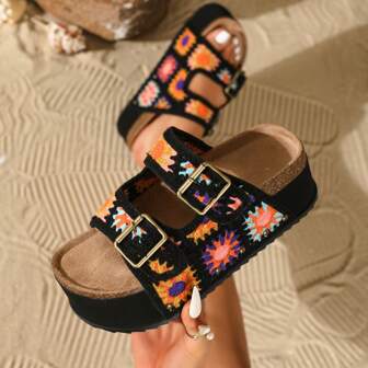 Women's Sunflower Print Bohemian Style Beach Platform Faux Cork Mule Slide Sandals, Thick Sole, Slip On