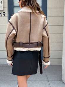 DEEKA 秋冬新款女式仿皮毛内衬机车夹克短外套 - 卡其色 - 查看 8