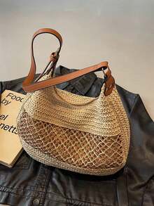 女士镂空单肩包可调节肩带草编旅行手提包时尚托特包女士夏季日常包女士草编沙滩包波西米亚镂空编织手提包大容量手提包PU单肩包斜挎托特包度假