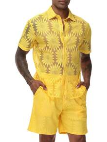Men Summer Casual Short Sets Lace Short Sleeve Button Down Shirt Elastic Waist Shorts 2 Piece Outfits Tracksuithalloween - 橘色 - 查看 6