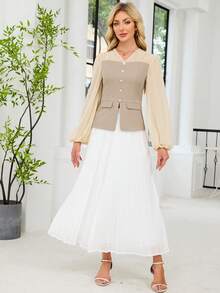 Women's Elegant Front Button Decor Chiffon Patchwork Blouse And Colorblock Pleated Midi Skirt Set
