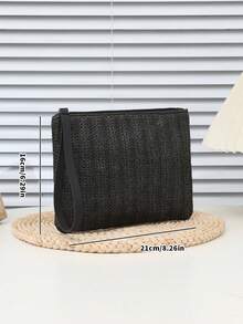 1 件草编手拿包，黑色条纹编织女士手拿包钱包、手提包、零钱包、钥匙包