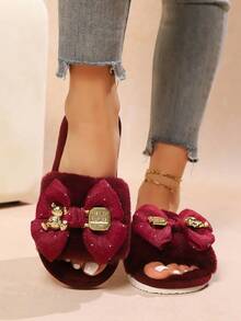 shensongni 女士蝴蝶结泰迪熊装饰毛绒拖鞋，室内拖鞋，家居拖鞋，卧室拖鞋，露趾拖鞋，四季皆宜拖鞋，公寓拖鞋，时尚性感度假风缎面平底凉鞋，酒红色 - 酒紅色 - 查看 8