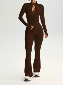 FWH 两件套街头风修身套装，包括带拇指孔的拉链外套和高腰喇叭裤（腰部可调节），塑形提神，提升女性自信的运动服套装。 - 棕色 - 查看 4