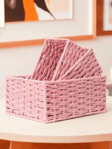 1pc/3pcs Handmade Woven Storage Basket, Tabletop Organizer Tray For Cosmetics, Keys, Snacks, Home Decor, Bedroom, Living Room, Study, Office, Valentine's Day Gift, S/M/L Size Available - Pink - View 6