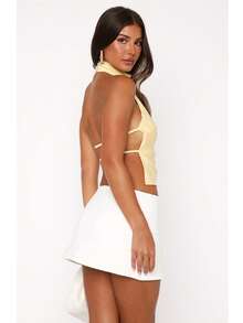 Women's Halter Neck Satin Tank Tops Mock Neck Sleeveless Backless Shirts Solid Color Slim Fit Crop Tops Summer High Neck Vest Camisoles Holiday Beachwear Party Clubwear - 白色 - 查看 5