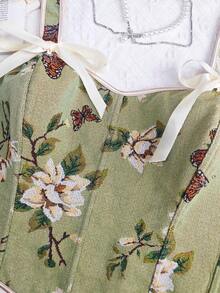 Plus Size Vintage Green Floral Corset | Butterfly Print Bow Straps Slim Fit Top - Green - View 9